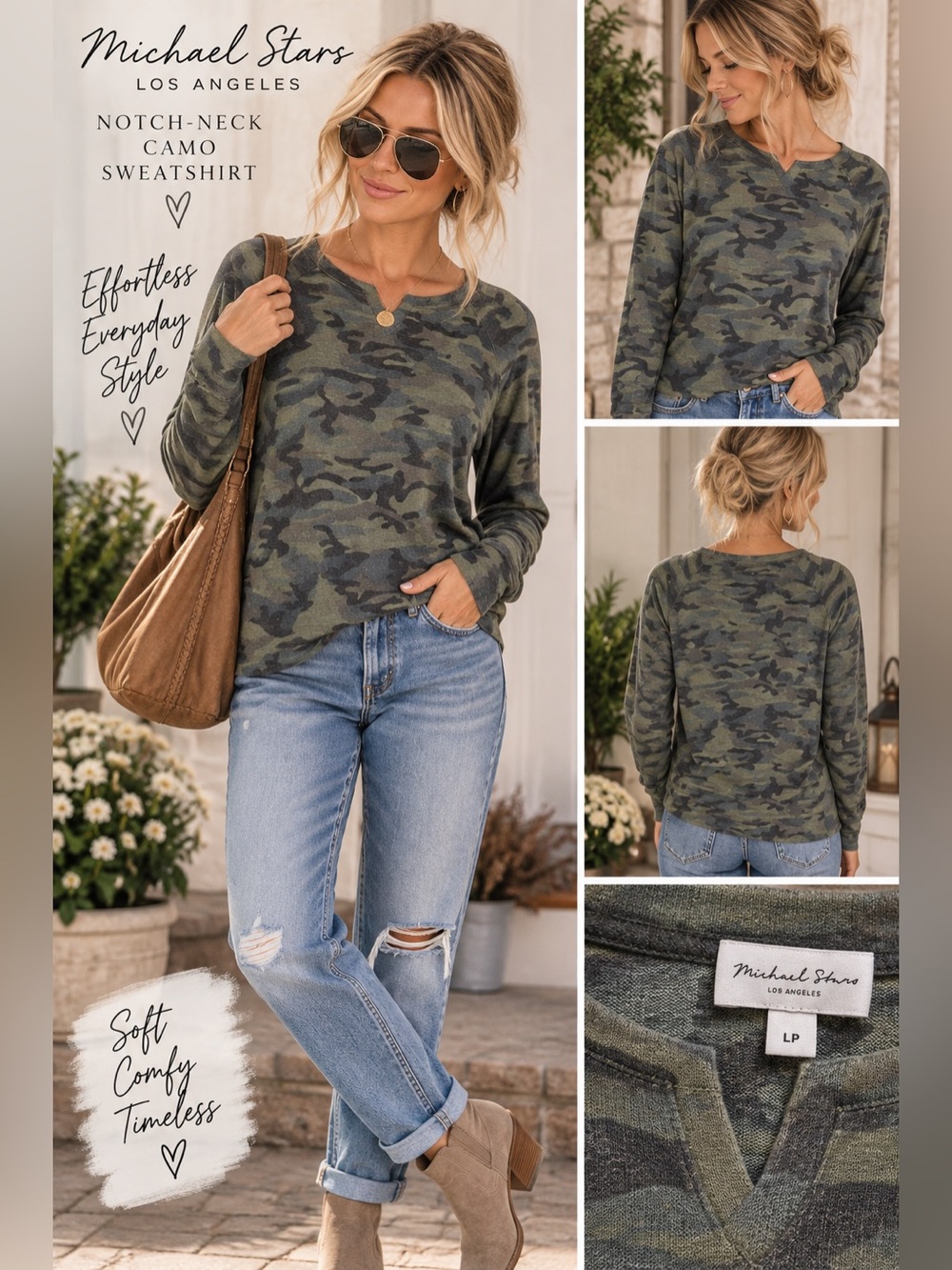 NWT Michael Stars Notch-Neck Camo Sweatshirt w Thumbholes-Large